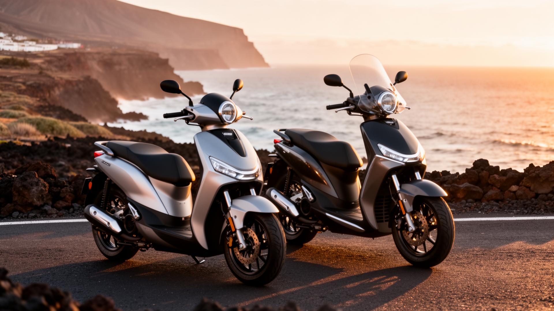 Mobility scooter and scooter on a Tenerife coastal road at golden hour
